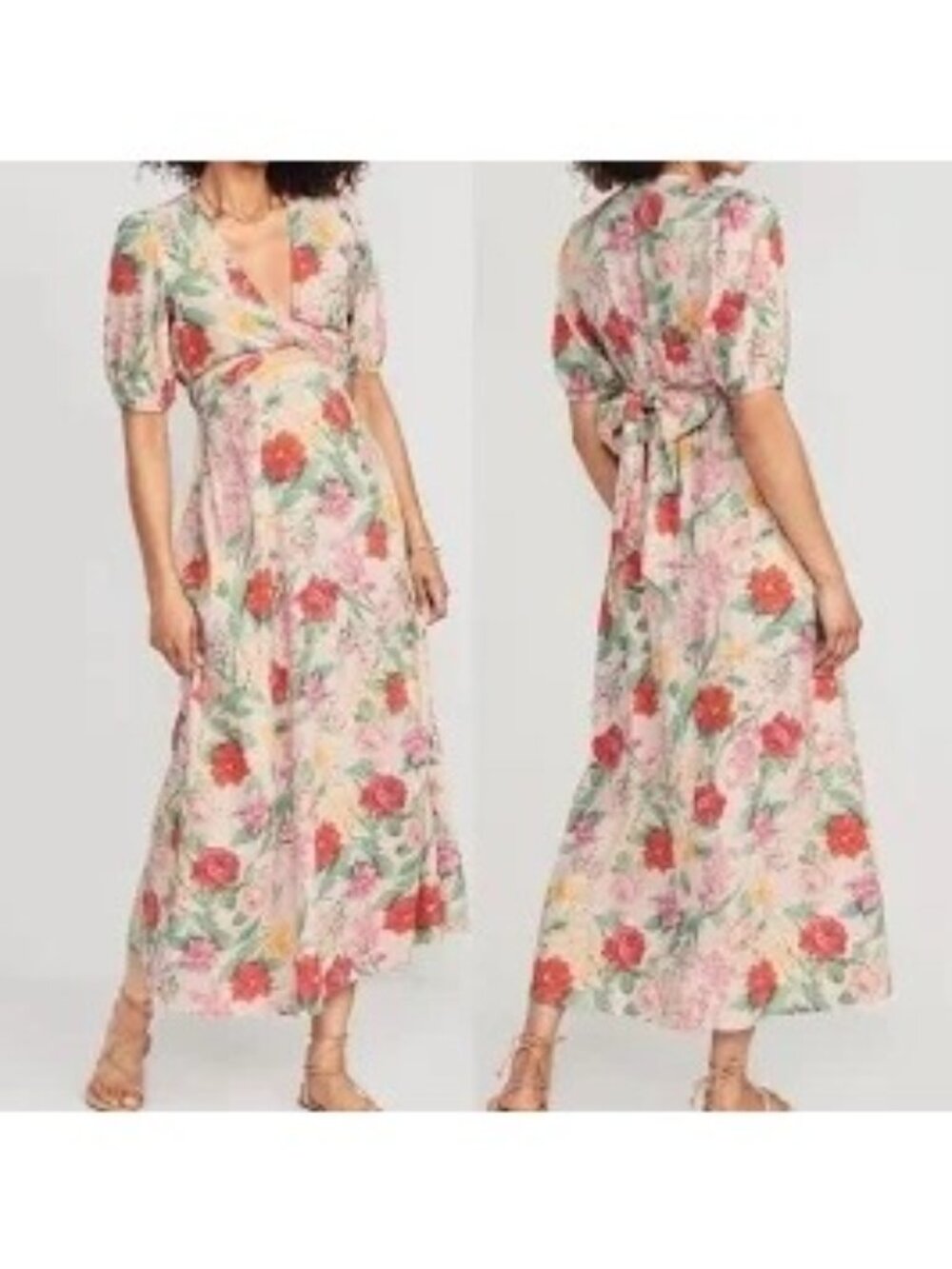 Old Navy Floral Wrap Midi Dress Womens Large Linen Blend Cottage Core Boho